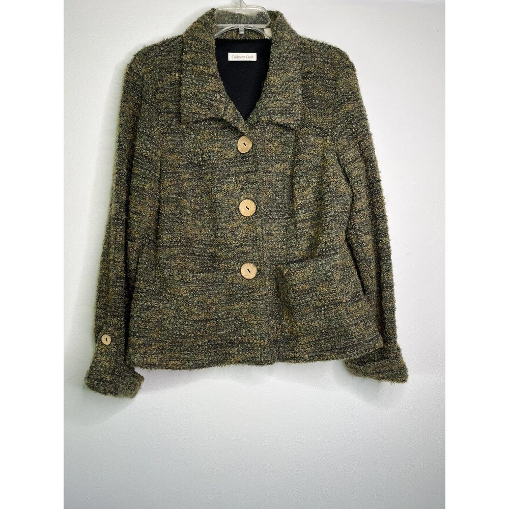 Coldwater Creek Tweed Buttons Jacket Blazer Medium Green Yellow Pockets